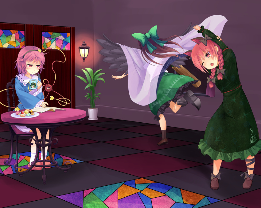 3girls animal_ears arm_cannon arm_up bad_id bad_pixiv_id black_wings blush book bow braid brown_hair cape cat_ears chair commentary_request dress extra_ears eyeball food green_bow green_dress green_skirt hair_ornament hair_ribbon hairband hairbow head_tilt heart highres indoors kaenbyou_rin komeiji_satori leg_ribbon long_hair long_sleeves looking_at_viewer multiple_girls nekomiyanono one_eye_closed open_book open_mouth pink_hair red_eyes red_hair reiuji_utsuho ribbon running shirt shoes short_hair sitting skirt slippers smile socks stained_glass stretching string third_eye touhou twin_braids weapon white_legwear wide_sleeves wings