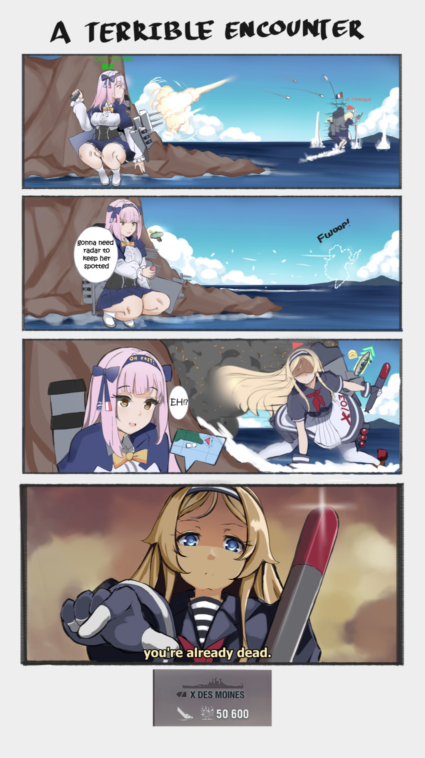 2girls absurdres blue_eyes chiyo_goya english_text gameplay_mechanics gloves gun hairband hairband_bow headband highres hokuto_no_ken lavender_hair le_terrible_(destroyer) map multiple_girls original parody smoke tagme turret uss_des_moines_(ca-134) weapon world_of_warships you_are_already_dead