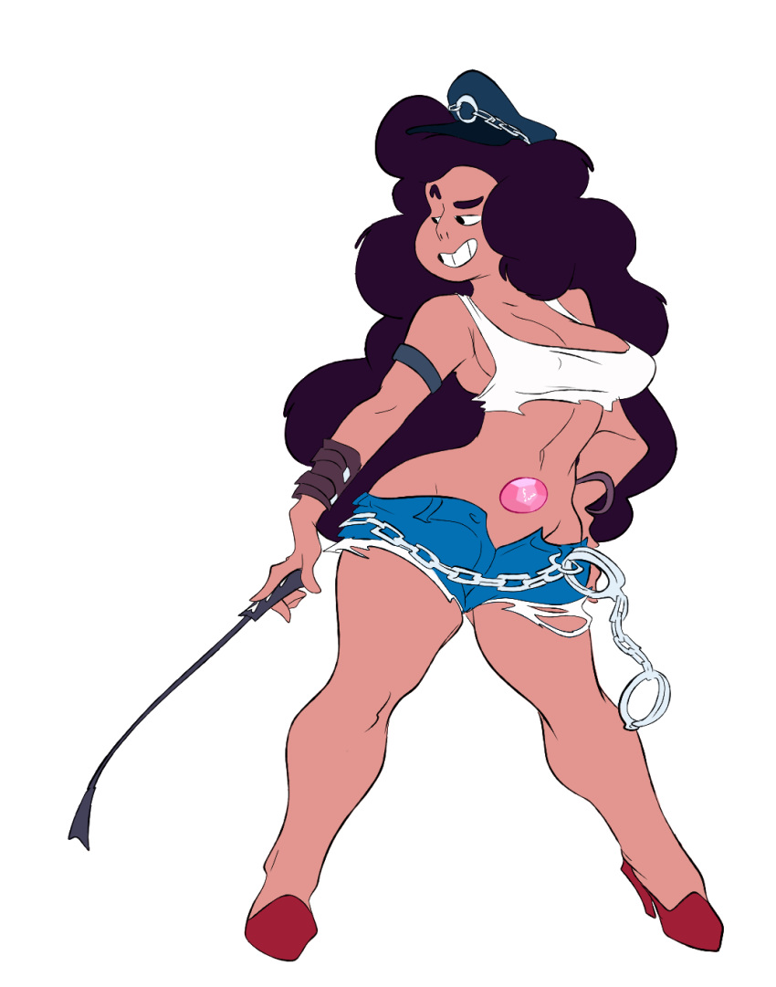 breasts capcom chains cleavage collar cosplay crop_top cuffs denim denim_shorts female final_fight gem handcuffs hat high_heels highres long_hair peaked_cap poison_(final_fight) poison_(final_fight)_(cosplay) short_shorts shorts slb solo steven_universe stevonnie_(steven_universe) street_fighter very_long_hair wavy_hair