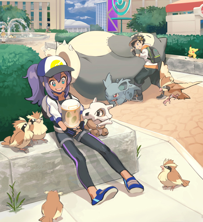 1boy backpack bag baseball_cap black_gloves blue_eyes bone brown_hair choker city commentary_request cubone day egg female female_protagonist_(pokemon_go) fingerless_gloves gloves hat highres holding holding_bone hood hoodie leggings linaria_(ookinahitomi) long_hair male_protagonist_(pokemon_go) nidorina outdoors photoshop_(medium) pidgey pikachu pokemon pokemon_(creature) pokemon_go pokestop ponytail psyduck purple_hair pushing shoes shorts sitting sneakers snorlax visor_cap