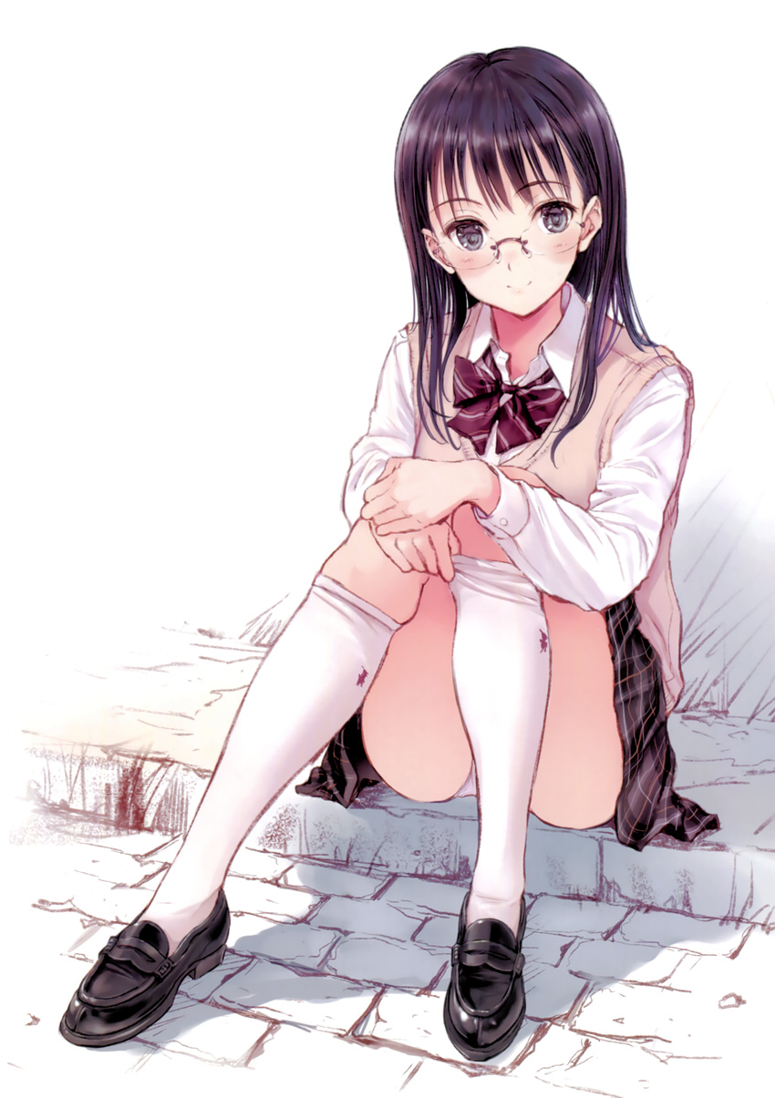 absurdres black_eyes black_footwear black_hair black_skirt blush boots bow bowtie female fujita_hidetoshi glasses highres kneehighs long_hair looking_at_viewer miniskirt original pleated_skirt red_bow red_bowtie school_uniform shirt simple_background sitting skirt smile socks solo striped_bow striped_bowtie striped_clothes white_background white_shirt white_socks