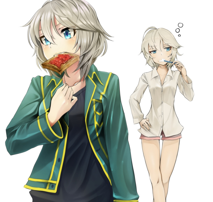 anastasia_(idolmaster) black_shirt blue_eyes brown_shorts collarbone commentary dress_shirt female green_jacket grey_hair hair_between_eyes hand_on_own_hip idolmaster idolmaster_cinderella_girls jacket jewelry kinpun_(fgxdw447) mouth_hold necklace open_clothes open_jacket shirt short_hair short_shorts shorts standing thigh_gap toothbrush_in_mouth white_shirt