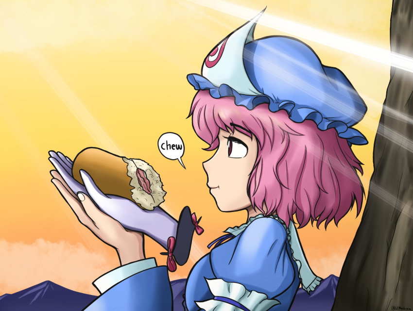 commentary diamond_wa_kudakenai disembodied_hand duwang eating english_commentary english_text female food gap_(touhou) giantcavemushroom hat highres jojo_no_kimyou_na_bouken meme pale_skin pink_hair saigyouji_yuyuko sandwich short_hair sky speech_bubble sunlight touhou yellow_sky