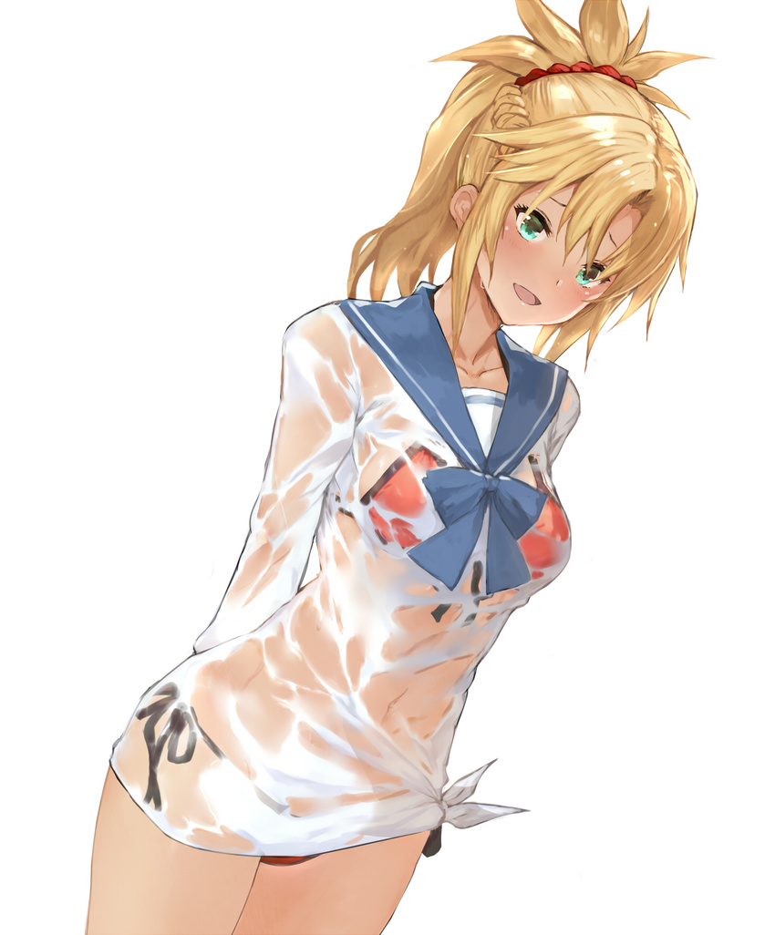 bikini bikini_under_clothes blonde_hair blush commentary_request dutch_angle fate/apocrypha fate/grand_order fate_(series) female front-tie_top green_eyes highres looking_at_viewer mordred_(fate) mordred_(swimsuit_rider)_(fate) mordred_(swimsuit_rider)_(second_ascension)_(fate) navel open_mouth ponytail red_bikini sailor_collar school_uniform see-through serafuku shirt side-tie_bikini_bottom simple_background smile solo swimsuit tied_shirt tokopi wet wet_clothes white_background