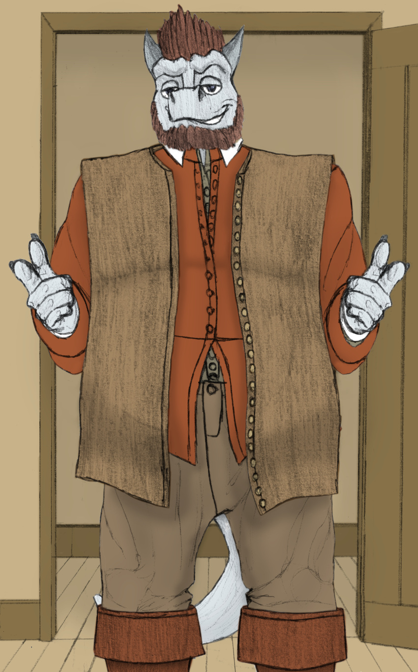 2019 5_fingers absurd_res anthro arlin_oxer_(character) beard biped blue_eyes boots bottomwear claws clothed clothing detailed_background dragonborn_(dnd) dress_shirt dungeons_and_dragons facial_hair feathers fingers footwear front_view hair hasbro hi_res horn humanoid_hands inside jacket looking_at_viewer male matydraws_(artist) overweight overweight_anthro overweight_male pants plantigrade portrait scales scalie shirt smile smirk smug solo standing teeth three-quarter_portrait topwear vest wizards_of_the_coast