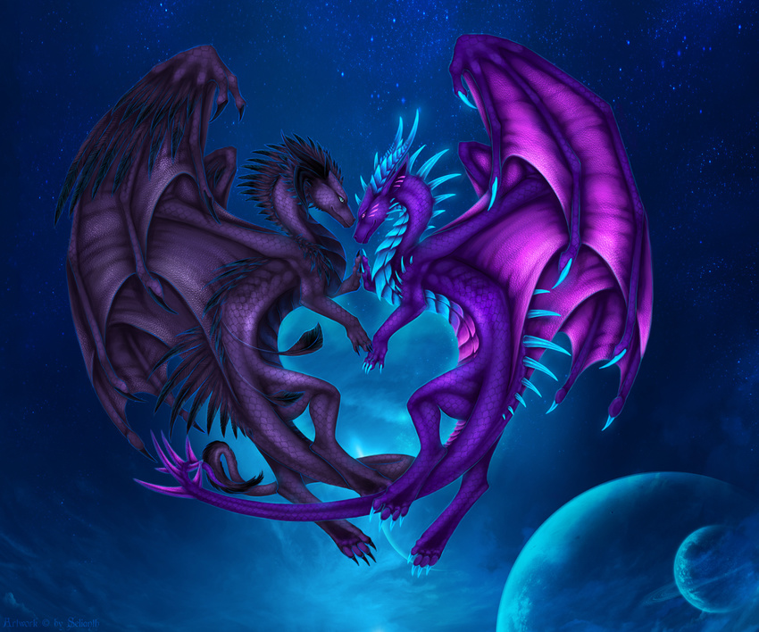 6:5 ambiguous_gender claws detailed detailed_background detailed_scales dragon duo feral hi_res horn membrane_(anatomy) membranous_wings mythological_creature mythological_scalie mythology planet purple_body purple_scales ridged_horn scales scalie selianth spines tail wings