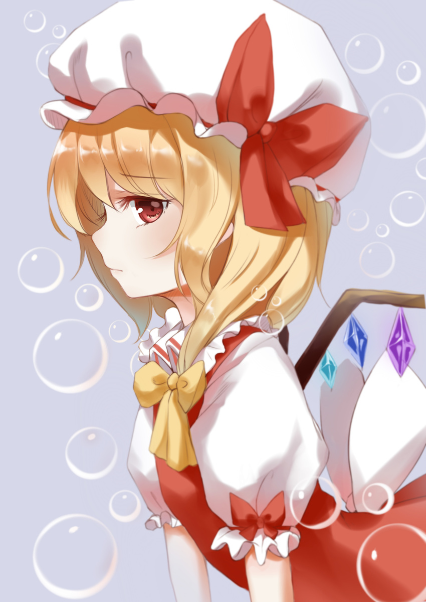 absurdres anhao ascot blonde_hair bubble closed_mouth collared_shirt commentary_request dress dress_shirt eyebrows eyelashes female flandre_scarlet frilled_shirt_collar frills from_side hair_ribbon hat hat_ribbon highres looking_at_viewer mob_cap photoshop_(medium) puffy_short_sleeves puffy_sleeves red_dress red_eyes ribbon sash shirt short_hair short_sleeves side_ponytail sleeveless sleeveless_dress solo touhou tress_ribbon upper_body white_shirt wing_collar wings yellow_ribbon