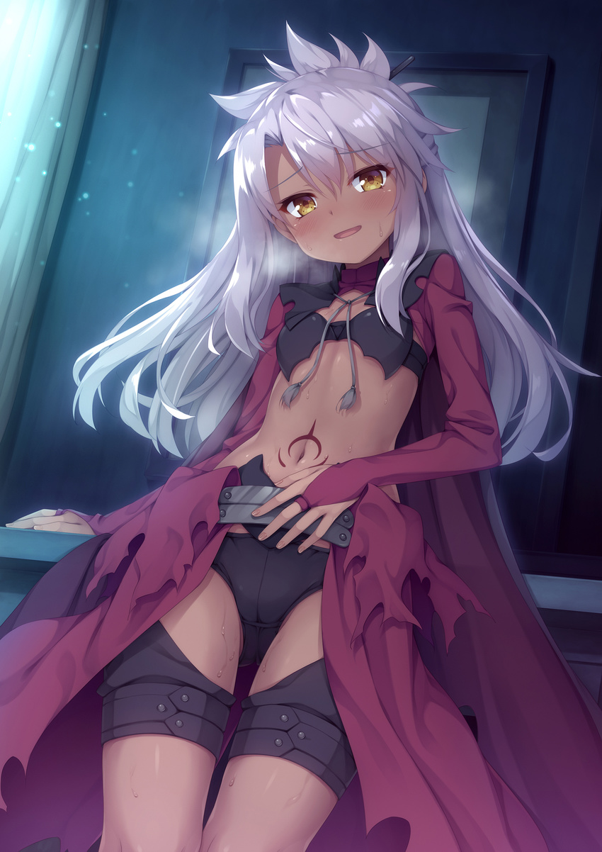 black_panties blush breasts breath chloe_von_einzbern commentary_request dark-skinned_female dark_skin fate/kaleid_liner_prisma_illya fate_(series) female highres long_hair long_sleeves looking_at_viewer navel open_mouth panties photoshop_(medium) pink_hair showgirl_skirt small_breasts smile solo sweat tattoo tomifumi underwear yellow_eyes