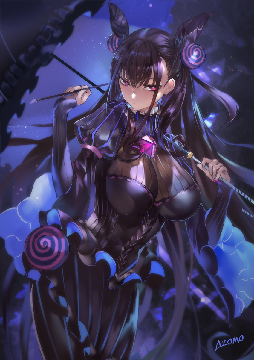 artist_name azomo black_dress breasts brown_hair calligraphy_brush chinese_commentary closed_mouth commentary cone_hair_bun double_bun dress fate/grand_order fate_(series) female frills hair_between_eyes hair_bun hair_ornament highres large_breasts long_hair long_sleeves looking_at_viewer md5_mismatch murasaki_shikibu_(fate) paintbrush photoshop_(medium) puffy_sleeves purple_eyes ribbed_dress signature solo umbrella very_long_hair