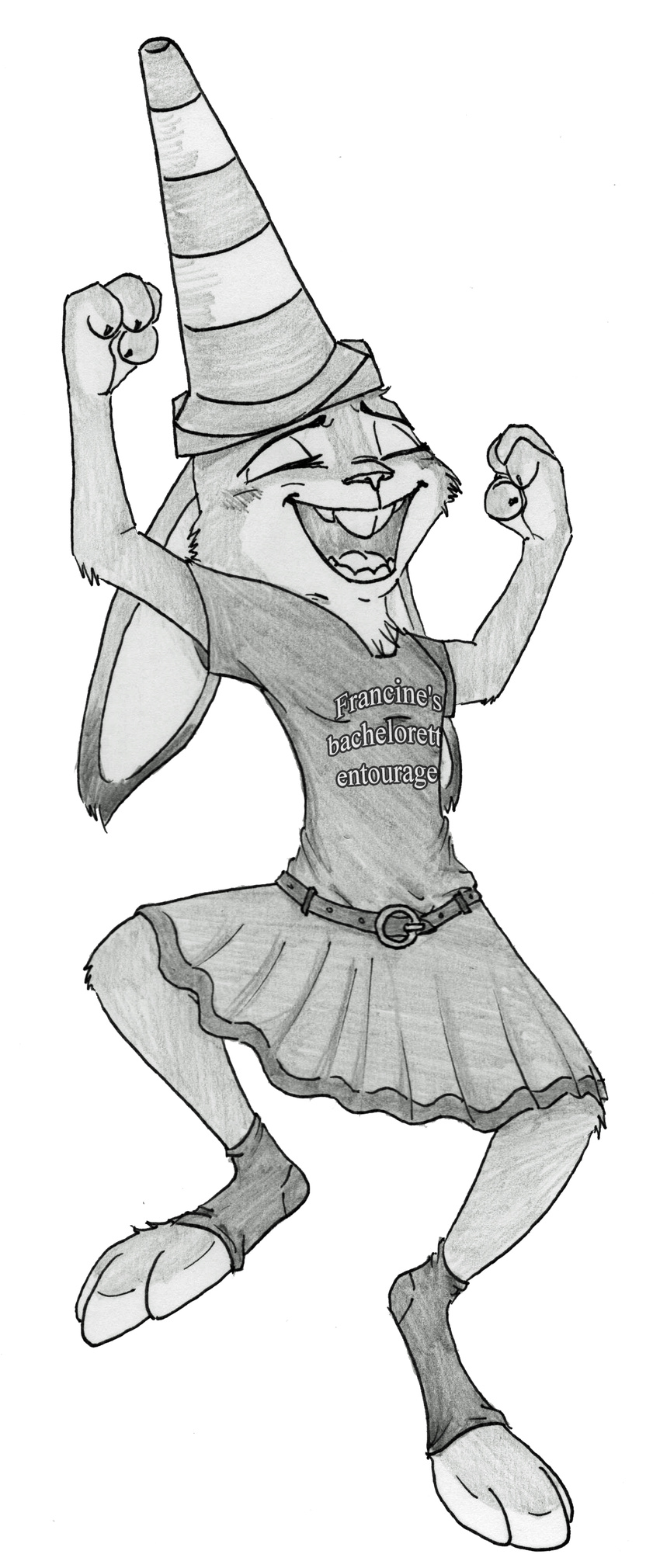 absurd_res anthro belt blush buckteeth closed_eyes clothing disney drawing drunk female fur happy hi_res judy_hopps lagomorph leporid long_ears mammal rabbit shadow-gate solo substance_intoxication teeth traffic_cone ziegelzeig zootopia