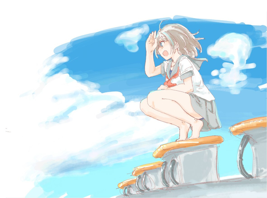 :d ahoge bare_legs barefoot cloud cloudy_sky commentary_request day diving_block female from_side grey_hair hiragana_nimoji love_live! love_live!_sunshine!! neckerchief open_mouth salute school_uniform serafuku short_hair short_sleeves skirt sky smile solo squatting swimsuit swimsuit_under_clothes uranohoshi_school_uniform watanabe_you