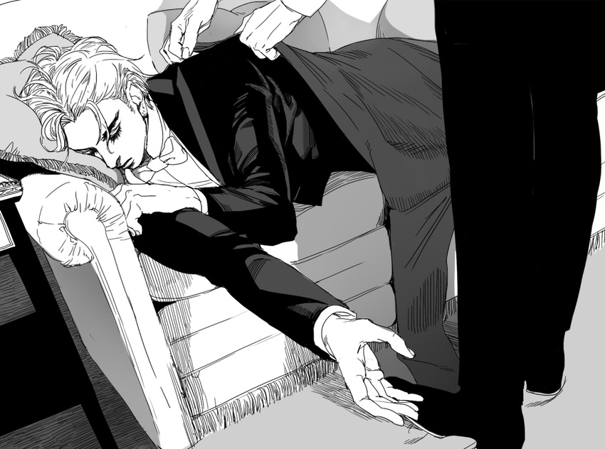 2boys birthmark blanket bow bowtie closed_eyes commentary_request couch covering_with_blanket dio_brando ear_birthmark emg_(christain) greyscale hatching_(texture) jojo_no_kimyou_na_bouken jonathan_joestar male_focus monochrome multiple_boys phantom_blood sleeping solo_focus table tuxedo