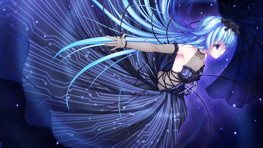 asami_asami azurite bare_shoulders black_ribbon blue_hair breasts cleavage collarbone dutch_angle female game_cg hair_ribbon long_hair re:birth_colony ribbon see-through small_breasts solo veil