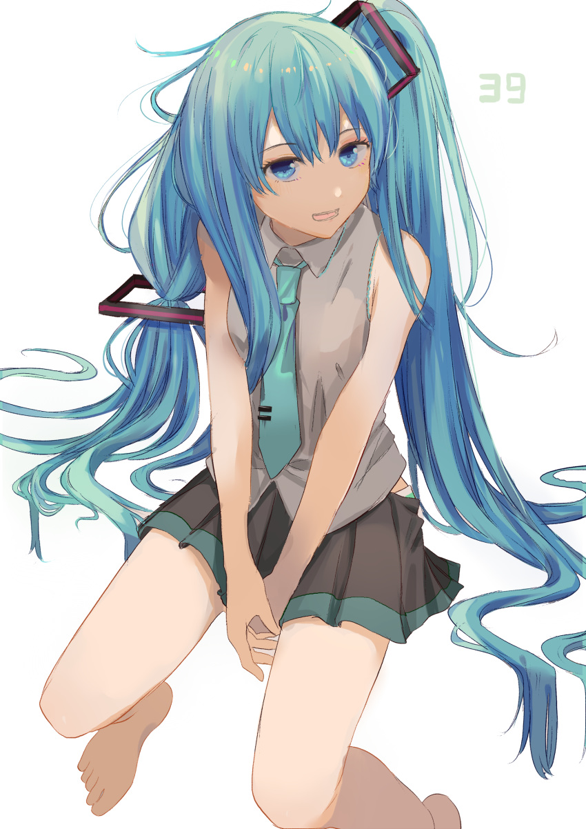 39 :d absurdres aqua_necktie bare_arms bare_legs bare_shoulders barefoot between_legs black_skirt blue_eyes blue_hair breasts collared_shirt commentary_request female grey_shirt hair_ornament hair_spread_out hatsune_miku head_tilt highres ibuki_(ibuki0118) invisible_chair long_hair looking_at_viewer miku_day miniskirt necktie open_mouth pleated_skirt shirt simple_background sitting skirt sleeveless sleeveless_shirt small_breasts smile solo thighs twintails v_arms very_long_hair vocaloid white_background