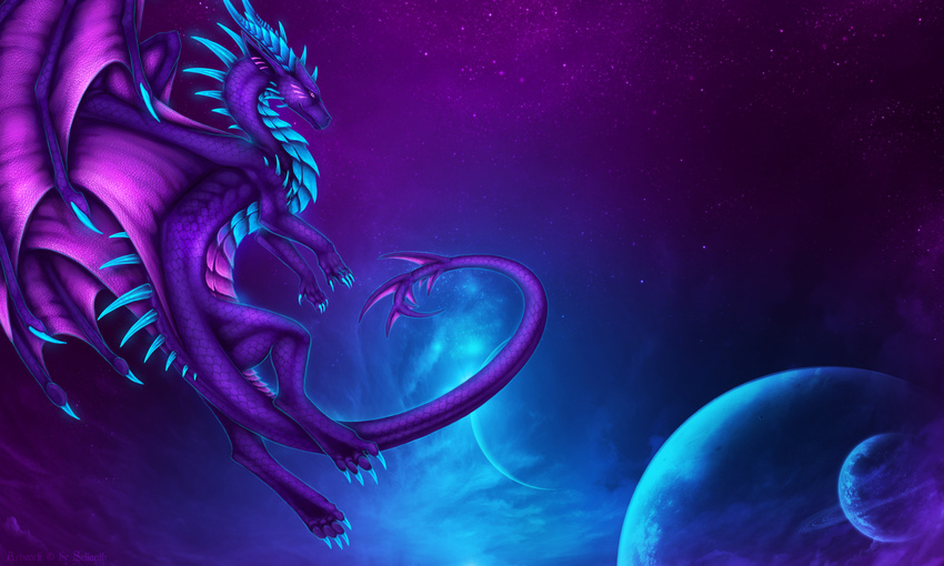 claws detailed_background dragon european_mythology feral hi_res membrane_(anatomy) membranous_wings mythological_creature mythological_scalie mythology planet purple_body purple_eyes purple_scales scales scalie selianth solo space spacescape spines tail western_dragon wings