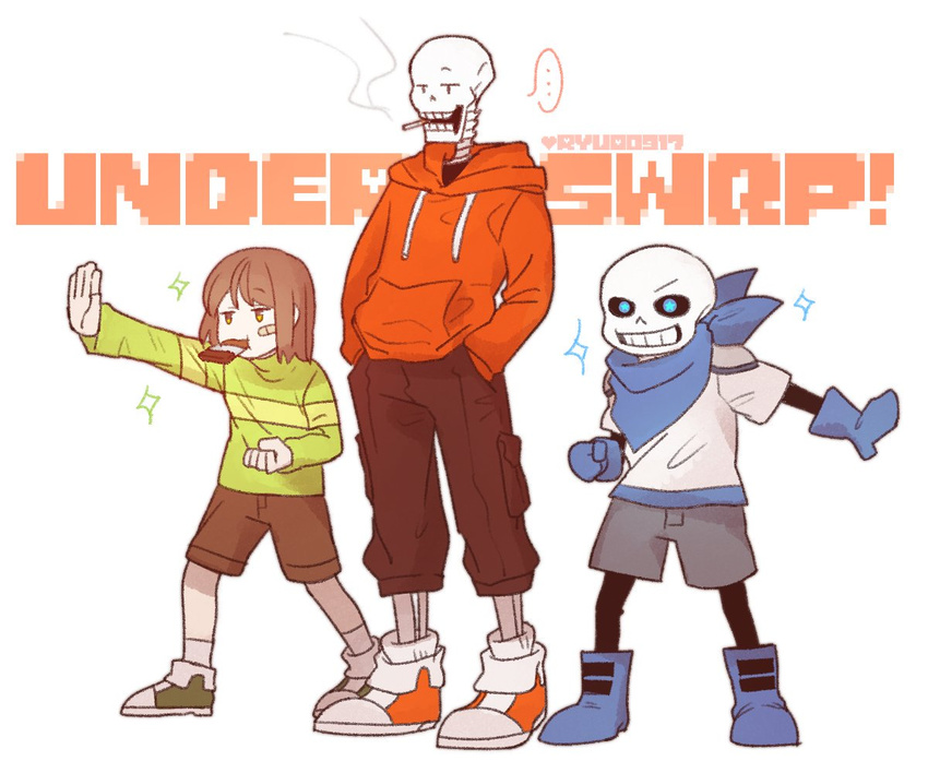 6:5 alternate_universe ambiguous_gender animated_skeleton band-aid bandage bandana blue_eyes bone boots bottomwear brown_hair candy chara_(undertale) chocolate cigarette clothed clothing dessert ellipsis english_text family food food_in_mouth footwear fully_clothed gloves group hair handwear heart_symbol hoodie human humanoid kerchief lolicon male mammal not_furry open_mouth pants papyrus_(underswap) papyrus_(undertale) pattern_clothing pattern_topwear pose ryuo0917 sans_(underswap) sans_(undertale) shoes shoulder_pads sibling_(lore) signature simple_background size_difference skeleton smile smoke smoking sneakers sparkles star striped_clothing striped_topwear stripes sweater teeth text topwear undead underswap undertale undertale_(series) white_background yellow_eyes young