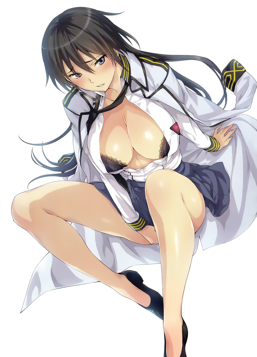 arm_support between_legs black_bra black_eyes black_footwear black_hair black_necktie blue_skirt blush bra breasts collarbone dress_shirt female from_above hair_between_eyes hand_between_legs hida_reiri highres hisasi huge_breasts long_hair masou_gakuen_hxh miniskirt necktie official_art open_clothes open_shirt parted_lips shirt shoes simple_background sitting skirt solo underwear white_background white_shirt