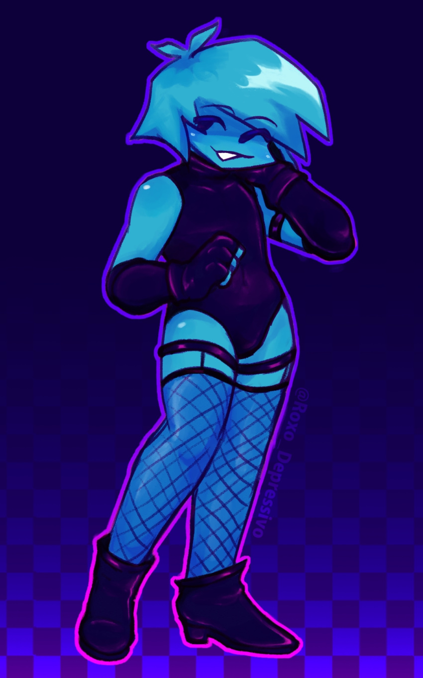 armwear black_gloves black_heels blue_skin boyfriend_(friday_night_funkin) bulge femboy femboyfriend fingerless_gloves fishnets friday_night_funkin friday_night_funkin_(minus_mod) gloves heels male_only minus_bf_(blue)_(iagoanims) mob_face roxo_depressivo