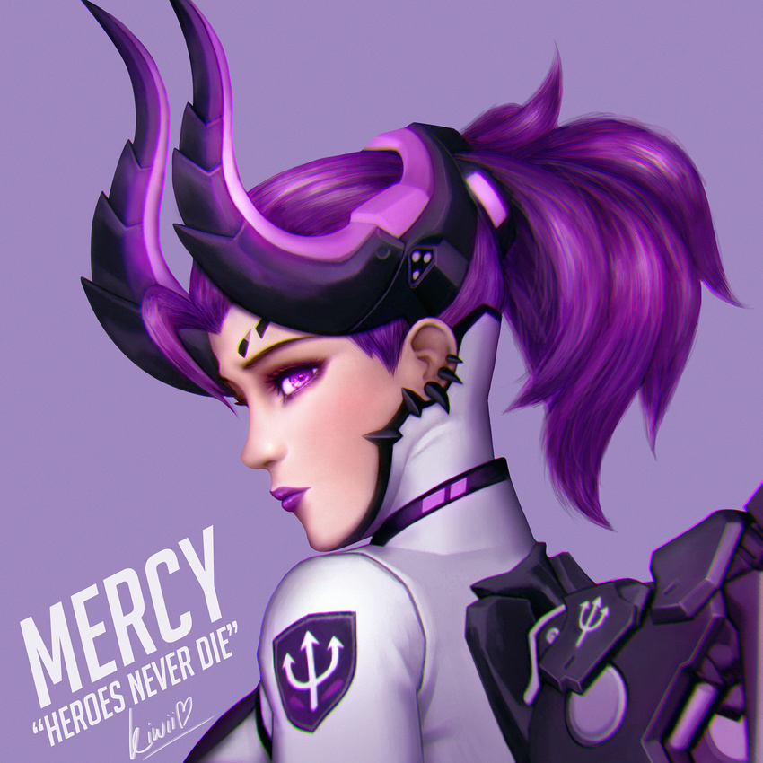 bodysuit character_name chromatic_aberration commentary dark_persona demon_horns emblem english_text eyelashes eyeliner facial_mark female from_behind from_side hai_nguyen highres horns imp_mercy lips lipstick looking_at_viewer looking_back looking_to_the_side makeup mechanical_wings mercy_(overwatch) nose official_alternate_costume overwatch overwatch_1 patch photoshop_(medium) ponytail portrait profile purple_background purple_eyes purple_hair purple_lips realistic sideways_glance signature simple_background solo wings