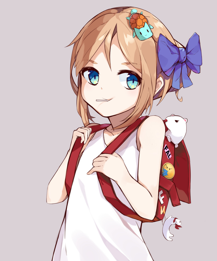 absurdres aged_down animal aqua_eyes backpack bag bag_charm bare_arms bare_shoulders blue_bow blue_eyes bow brown_background candy charm_(object) chinese_commentary closed_mouth collarbone commentary_request fal_(girls'_frontline) female ferret food food_in_mouth girls'_frontline hair_bun hairbow highres holding_strap light_brown_hair lollipop long_hair longzi_(lez) looking_to_the_side mouth_hold randoseru simple_background solo suisai_(character) tank_top turtle white_tank_top