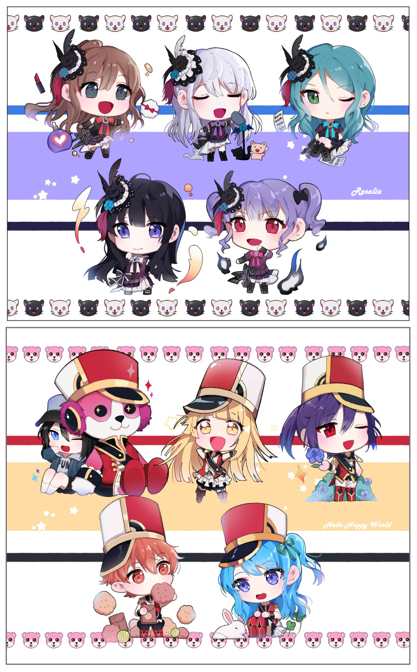 +_+ 6+girls :3 :d ;d absurdres animal animal_costume animal_print aqua_hair arm_warmers arms_up bag band_uniform bang_dream! baseball_cap bear_costume black_bow black_bowtie black_dress black_eyes black_feathers black_flower black_footwear black_hair black_ribbon black_shorts blonde_hair blue_bow blue_bowtie blue_eyes blue_flower blue_hair blue_jacket blue_ribbon blush boots bottle bow bowtie brooch brown_hair bush cat_print character_print chibi closed_eyes clothes_writing clover commentary cosmetics croquette crossed_legs dress eating epaulettes feather_hair_ornament feathers feline flower food four-leaf_clover frilled_skirt frills green_eyes green_ribbons grey_hair grey_hoodie group_name hair_between_eyes hair_flower hair_ornament hair_ribbon hairbow half_updo hand_on_own_hip hand_to_own_mouth hat headphones hello_happy_world! highres hikawa_sayo holding holding_flower holding_food hood hood_down hoodie imai_lisa jacket jewelry kitazawa_hagumi knee_boots kongya lipstick_tube long_hair long_sleeves looking_at_viewer mascot_costume matsubara_kanon michelle_(bang_dream!) microphone_stand minato_yukina multiple_girls music neck_ribbon okusawa_misaki one_eye_closed one_side_up open_mouth orange_eyes orange_hair pants paper_bag perfume_bottle pink_bow pink_bowtie ponytail powder_puff purple_bow purple_bowtie purple_eyes purple_feathers purple_hair rabbit red_bow red_bowtie red_eyes red_feathers red_footwear red_vest ribbon roselia_(bang_dream!) sash seta_kaoru shako_cap sheet_music shirokane_rinko short_hair shorts sidelocks sideways_hat singing sitting skirt smile softball_(object) sparkle standing star_(symbol) striped striped_background sweatdrop tsurumaki_kokoro twintails u_u udagawa_ako v-shaped_eyebrows vest white_bow white_bowtie white_feathers white_legwear white_pants white_skirt wrist_cuffs yellow_eyes