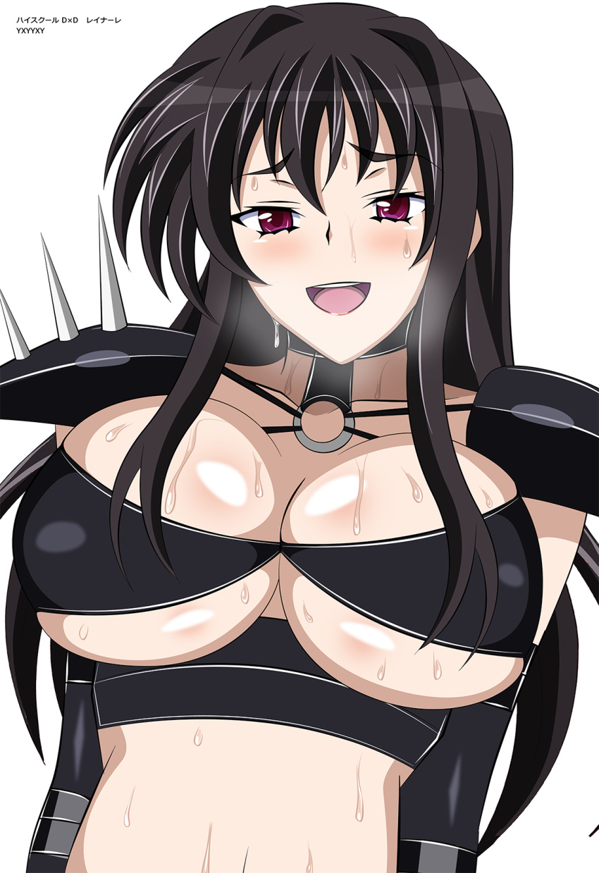 black_hair breasts cleavage female high_school_dxd large_breasts long_hair purple_eyes raynare underboob