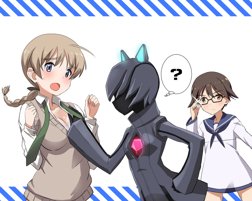 3girls ? bespectacled blonde_hair blue_eyes bra breasts brown_eyes brown_hair collarbone commentary_request glasses grabbing grabbing_another's_breast kaneko_(novram58) lynette_bishop medium_breasts military military_uniform miyafuji_yoshika multiple_girls neuroi neuroi_girl open_mouth strike_witches sweatdrop thought_bubble underwear uniform world_witches_series yuri