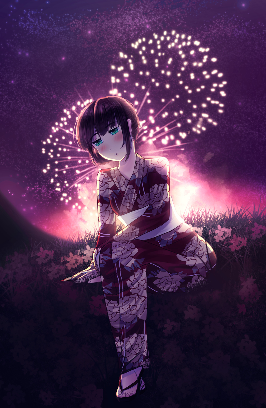 absurdres aerial_fireworks aqua_eyes black_hair blush commentary_request copyright_name female fireworks floral_print flower grass highres hishiro_chizuru japanese_clothes kimono night night_sky outdoors parted_lips relife sandals sitting sky solo suulore yukata