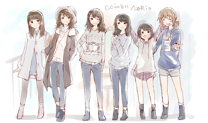 6+girls :d \o/ ^_^ akaneya_himika arms_up bag black_coat black_eyes black_footwear black_hair black_legwear blue_footwear blue_hoodie boots brown_footwear brown_hair closed_eyes clothes_writing coat commentary_request denim earphones grey_coat grey_headwear grey_hoodie grin group_name hand_on_own_hip hands_in_hair highres hood hood_down hoodie iris_(band) jeans kubota_miyu long_hair long_sleeves multiple_girls one_eye_closed open_mouth outstretched_arms own_hands_together pants pantyhose plaid plaid_shirt ponytail real_life serizawa_yuu shibuya_azuki shirt short_hair shorts shoulder_bag smile song_name standing striped_clothes striped_shorts sweater taneda_yuuta v voice_actor wakai_yuuki yamakita_saki