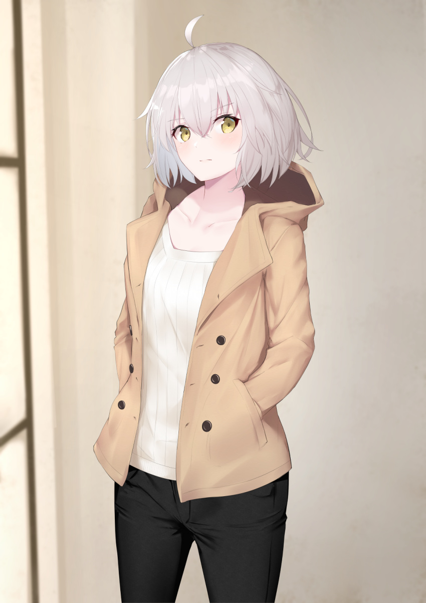 ahoge alternate_costume black_pants blush brown_coat brown_eyes casual closed_mouth coat collarbone commentary_request cowboy_shot fate/grand_order fate_(series) female hair_between_eyes hands_in_pockets highres hood hood_down hooded_coat indoors jeanne_d'arc_alter_(avenger)_(fate) jeanne_d'arc_alter_(fate) long_sleeves looking_at_viewer open_clothes open_coat pants reuri_(tjux4555) shirt short_hair simple_background solo unbuttoned white_shirt