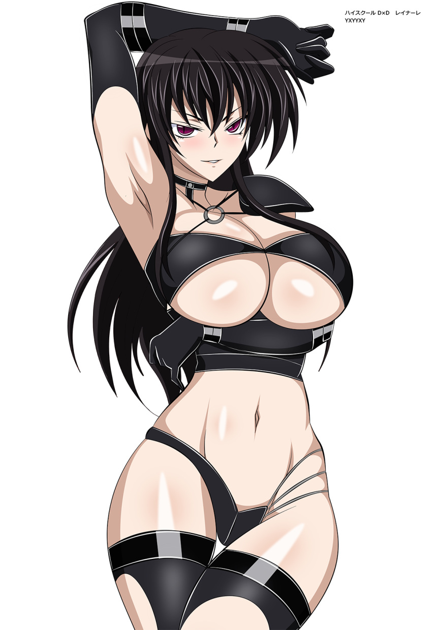 black_hair breasts cleavage female high_school_dxd large_breasts long_hair navel purple_eyes raynare underboob