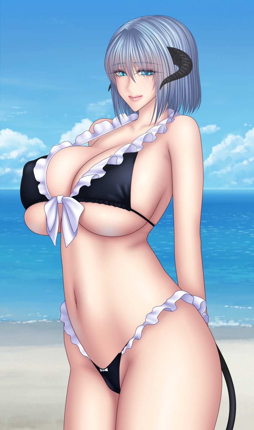 baru_(val-val) bikini blue_eyes blue_hair breasts censored choker cyan_(baru) demon_girl demon_tail female highres horns image_sample large_breasts looking_at_viewer matching_hair/eyes monster_girl peliazulyp pixiv_sample resized short_hair simple_background solo succubus swimsuit tail thighhighs