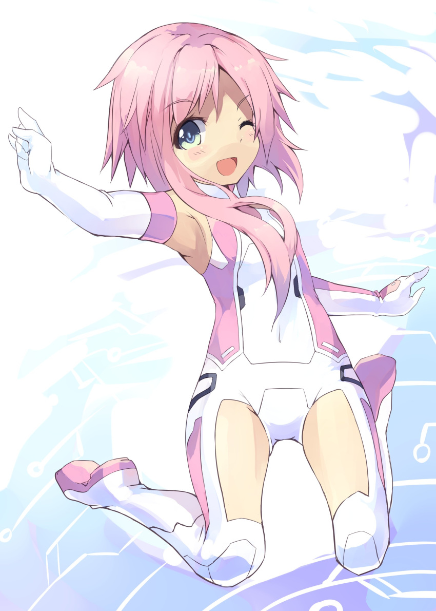 absurdres bare_shoulders blue_eyes blush breasts commentary_request covered_navel elbow_gloves female full_body gloves highres jumping long_hair looking_at_viewer neptune_(series) normaland one_eye_closed open_mouth pink_hair power_symbol power_symbol-shaped_pupils short_hair_with_long_locks single_sidelock small_breasts smile solo symbol-shaped_pupils white_sister_ram