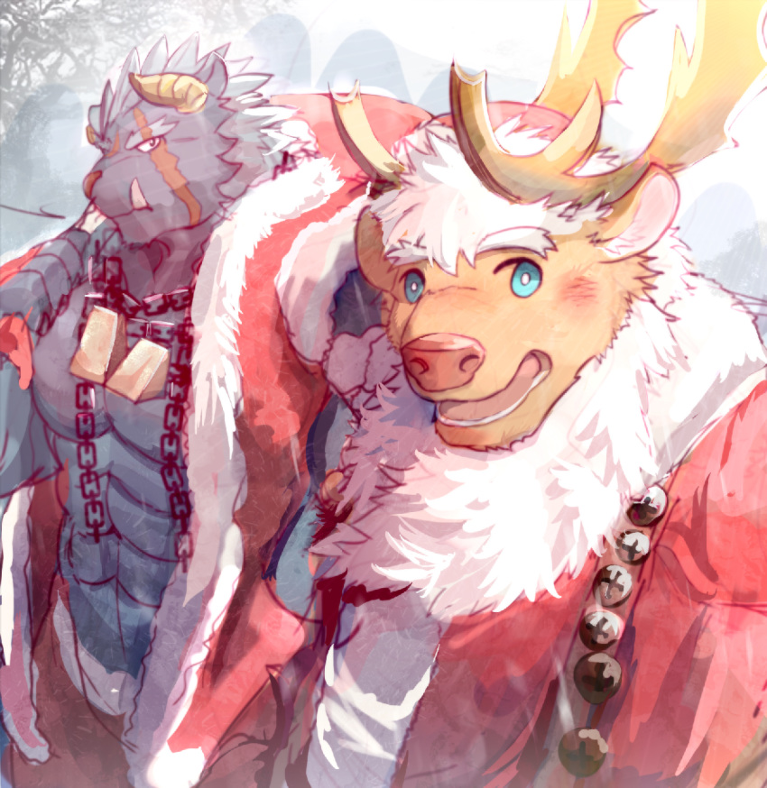 2017 abs anthro antlers bell blue_eyes chains christmas christmas_clothing christmas_headwear clothing deer demon duo fd-caro hat headgear headwear hi_res holidays horn krampus_(tas) lifewonders male mammal muscular muscular_male new_world_deer reindeer santa_hat selfie suit tokyo_afterschool_summoners tusks yule_(tas)