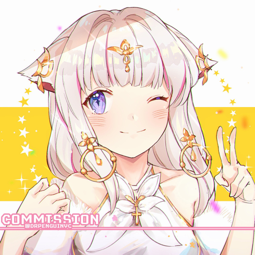 animal_ears bad_id bad_pixiv_id blue_eyes blush cat_ears commission cross dr_woodpecker dress female hair_ornament hands_up highres long_hair one_eye_closed original simple_background smile upper_body v white_dress white_hair