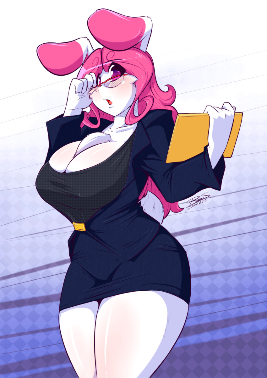 anthro big_breasts big_ears biped blush bottomwear breasts chest_tuft cleavage clothed clothing collarbone curvy_figure eyewear female floppy_ears fur glasses hair hi_res huge_breasts jacket lagomorph leporid mammal miniskirt motta_(ryousakai) mrsakai office_lady pencil_skirt pink_eyes pink_hair pink_nose rabbit short_tail skirt solo standing tail thick_thighs topwear tuft white_body white_fur wide_hips