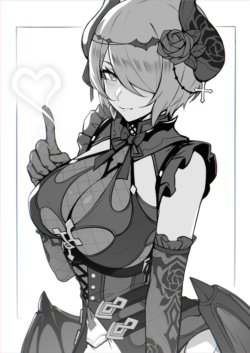 bare_shoulders blush breasts evan_yang female gloves greyscale hair_over_one_eye highres honkai_(series) honkai_impact_3 large_breasts looking_at_viewer monochrome rita_rossweisse short_hair simple_background solo white_background