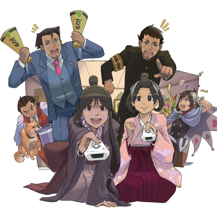 3boys 3girls ^^^ apollo_justice armband artist_name bead_necklace beads biting black_hair blue_eyes brown_hair canine card club_(shape) confetti controller diamond_(shape) formal gakuran game_controller gloves grey_eyes gyakuten_saiban hair_slicked_back hat heart japanese_clothes jewelry long_hair magatama maya_fey meiji_schoolgirl_uniform missile_(ace_attorney) multiple_boys multiple_girls naruhodou_ryuuichi necklace necktie official_style pearl_fey pink_necktie pointing pointing_at_viewer rica_diaz ryunosuke_naruhodo school_uniform shiba_inu simple_background spade_(shape) suit susato_mikotoba the_great_ace_attorney the_great_ace_attorney:_adventures time_paradox top_hat trucy_wright waistcoat white_background white_gloves wii_remote