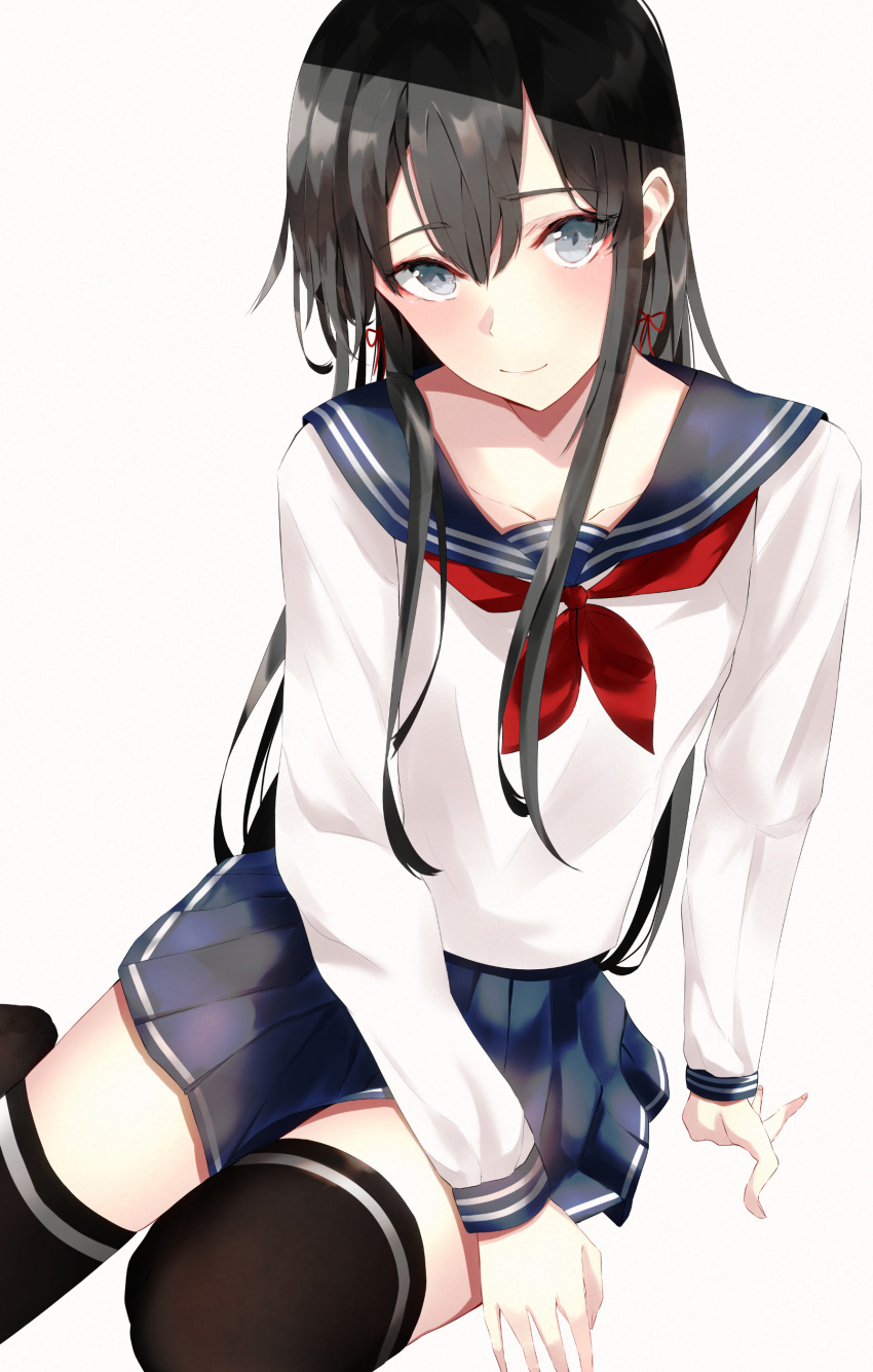 absurdres black_hair blue_eyes blush commentary female highres ka1se1 long_hair school_uniform serafuku sitting smile solo thighhighs white_background yahari_ore_no_seishun_lovecome_wa_machigatteiru. yukinoshita_yukino