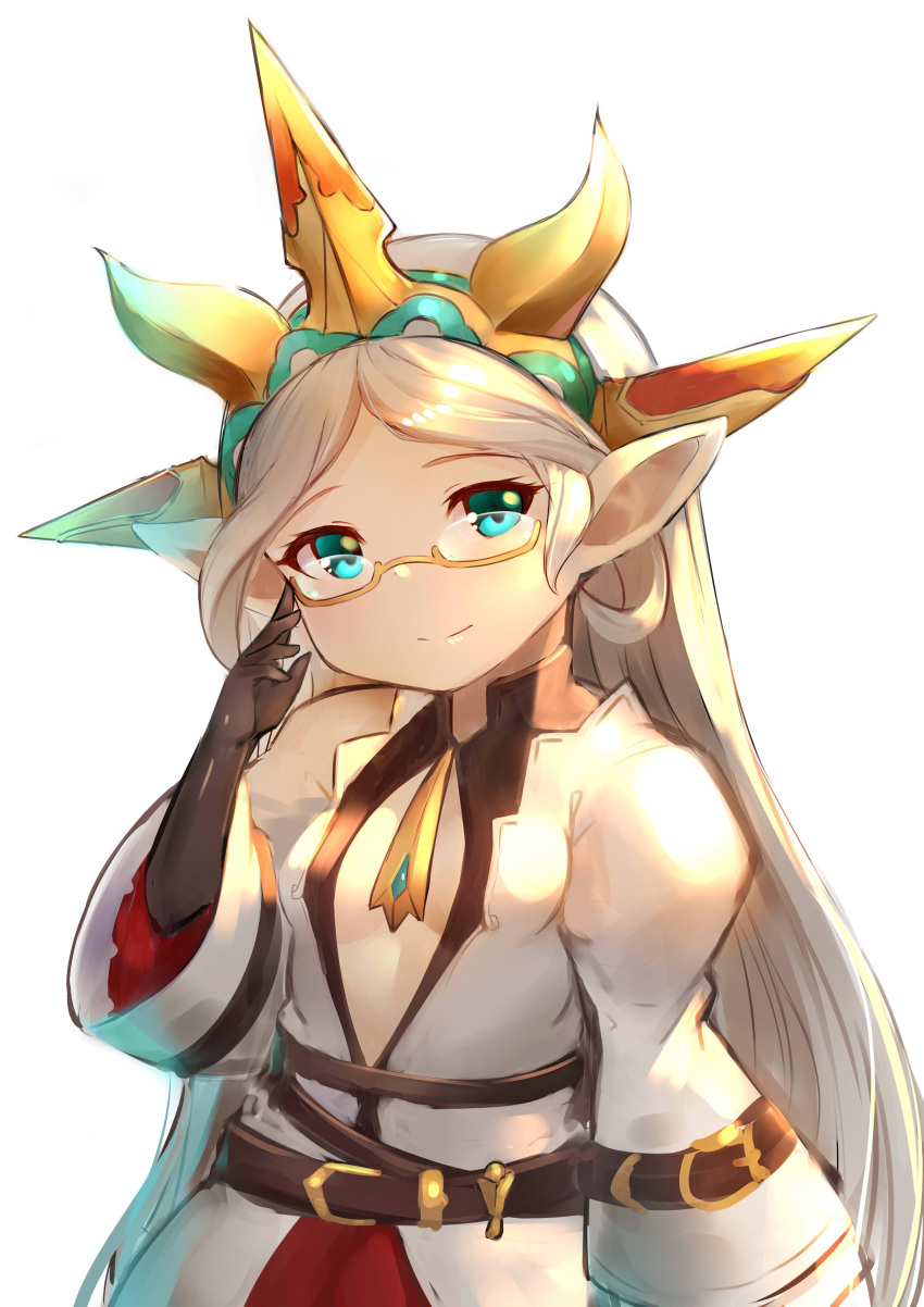 absurdres adjusting_eyewear bad_id bad_twitter_id belt breasts center_opening female glasses granblue_fantasy green_eyes hairband harvin highres long_hair pointy_ears small_breasts smile solo very_long_hair white_hair zahlhamelina