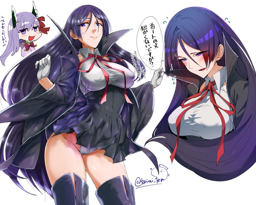 2girls bb_(fate) bb_(fate/extra) bb_(fate/extra)_(cosplay) blush bow breasts chibi coat commentary_request cosplay covered_nipples fate/grand_order fate_(series) gloves hair_between_eyes hair_ribbon headgear high_collar large_breasts long_hair minamoto_no_raikou_(fate) minamoto_no_raikou_(fate)_(cosplay) multiple_girls neck_ribbon open_mouth purple_eyes purple_hair ribbon smile thighhighs torichamaru translation_request twitter_username unitard wide_sleeves