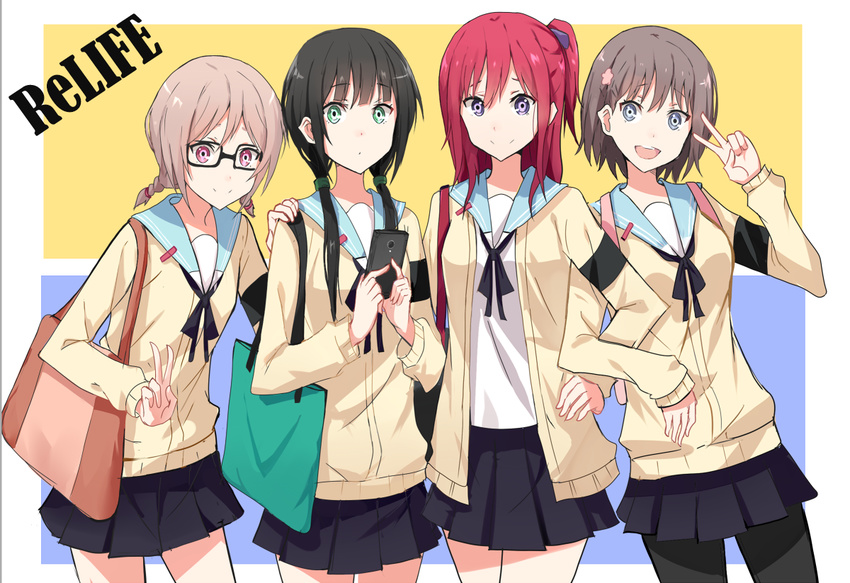 4girls :d bag black_hair black_legwear black_skirt blue_eyes braid brown_hair cellphone commentary_request copyright_name cowboy_shot glasses green_eyes hair_ornament handbag hishiro_chizuru holding holding_phone kariu_rena kenkaizar light_brown_hair locked_arms long_hair looking_at_viewer multiple_girls onoya_an open_mouth pantyhose phone ponytail red_hair relife school_uniform short_twintails skirt smile tamarai_honoka twintails v