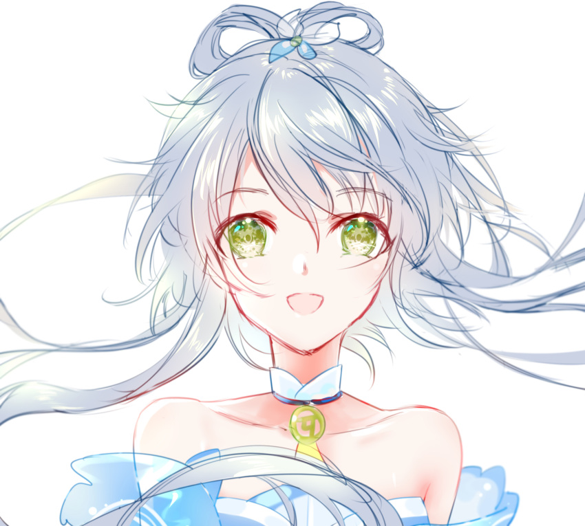 :d choker collarbone commentary_request female floating_hair green_eyes grey_hair hair_between_eyes hair_rings highres long_hair looking_at_viewer luo_tianyi open_mouth photoshop_(medium) portrait simple_background smile solo strapless vocaloid vsinger white_background yaduo