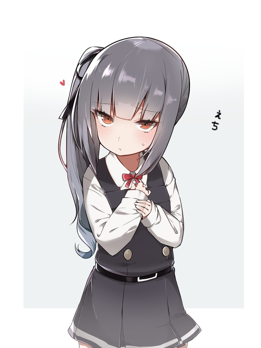 :t bad_id bad_twitter_id belt blush bow bowtie brown_eyes dress female grey_background grey_hair hair_ribbon hands_on_own_chest heart highres kantai_collection kasumi_(kancolle) kasumi_kai_ni_(kancolle) long_hair long_sleeves looking_at_viewer mitsudoue pinafore_dress pleated_dress pout ribbon school_uniform shirt side_ponytail sleeveless sleeveless_dress sleeves_past_wrists solo tsurime white_shirt