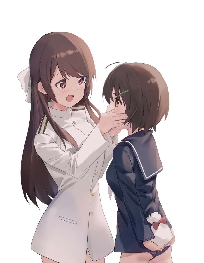 2girls absurdres arms_behind_back bag brave_witches brown_eyes brown_hair cowboy_shot eye_contact gift hair_ribbon hands_on_another's_face height_difference highres jacket karibuchi_hikari karibuchi_takami long_hair looking_at_another mejina military military_uniform multiple_girls naval_uniform ribbon sailor_collar sailor_shirt satchel shirt short_hair siblings simple_background sisters uniform white_background white_jacket white_ribbon world_witches_series