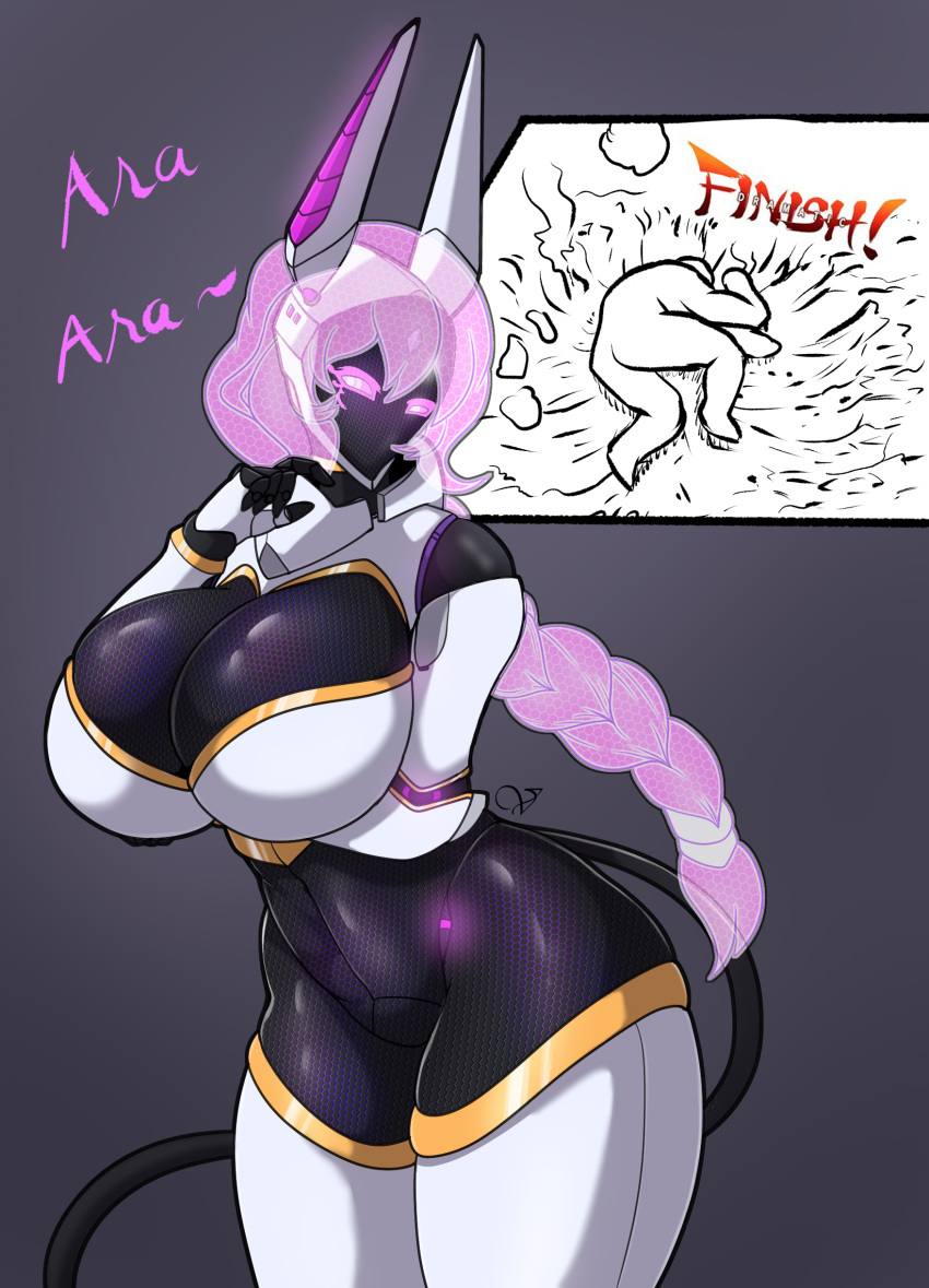 absurd_res animal_humanoid ara_ara big_breasts breasts canid canine canis clothed clothing digital_media_(artwork) duo female hi_res hologram huge_breasts human humanoid jackal legwear looking_at_viewer machine male mammal mature_female mouthless noseless purple_eyes robot screen screen_face simple_background solo_focus stockings text thick_thighs venus_(zzvinniezz) yamcha_death_pose zzvinniezz