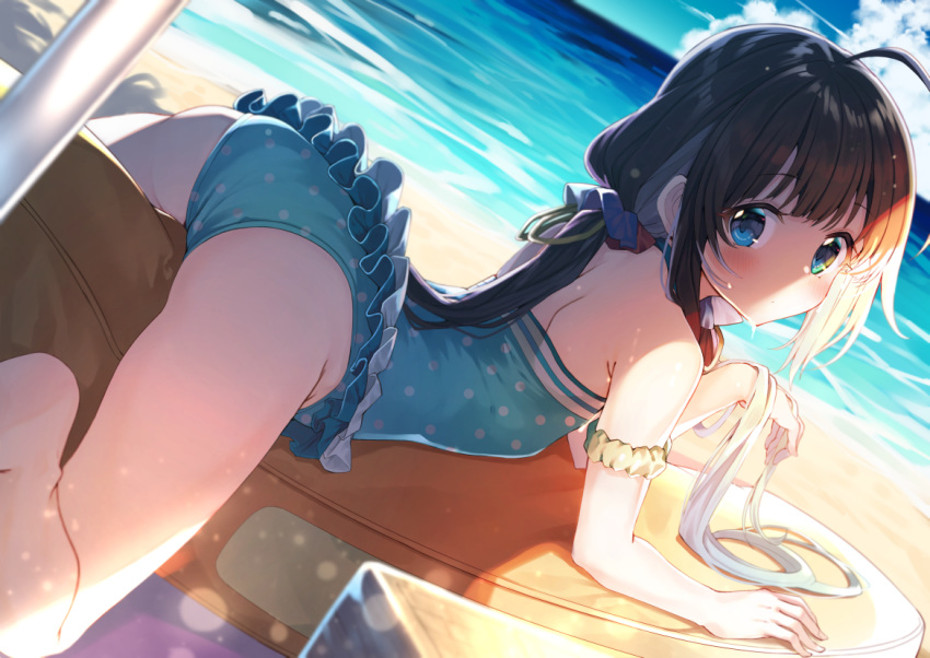 ahoge arm_scrunchie ass back backless_outfit backless_swimsuit bare_legs bare_shoulders barefoot beach black_hair blue_eyes blurry blurry_background blush breasts brown_hair casual_one-piece_swimsuit closed_mouth commentary_request cosplay day detached_sleeves duplicate dutch_angle female frilled_one-piece_swimsuit frills gochuumon_wa_usagi_desu_ka? gurasion_(gurasion) hair_ribbon hinatsuru_ai horizon kafuu_chino kafuu_chino_(cosplay) long_hair looking_at_viewer looking_back low_twintails lying on_stomach one-piece_swimsuit outdoors pixel-perfect_duplicate polka_dot polka_dot_swimsuit ribbon ryuuou_no_oshigoto! sand scrunchie small_breasts swimsuit twintails very_long_hair water