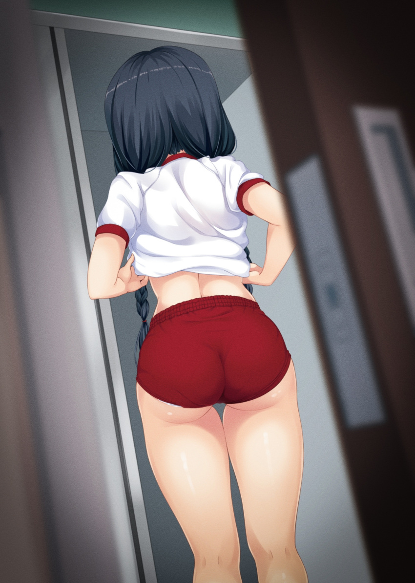 ass back black_hair braid buruma clothes_lift commentary_request door female gym_shirt gym_uniform highres hino_minato_(spec.c) long_hair love_live! love_live!_nijigasaki_high_school_idol_club nakagawa_nana pantylines peeping red_buruma shirt shirt_lift solo standing undressing white_shirt yuki_setsuna_(love_live!)