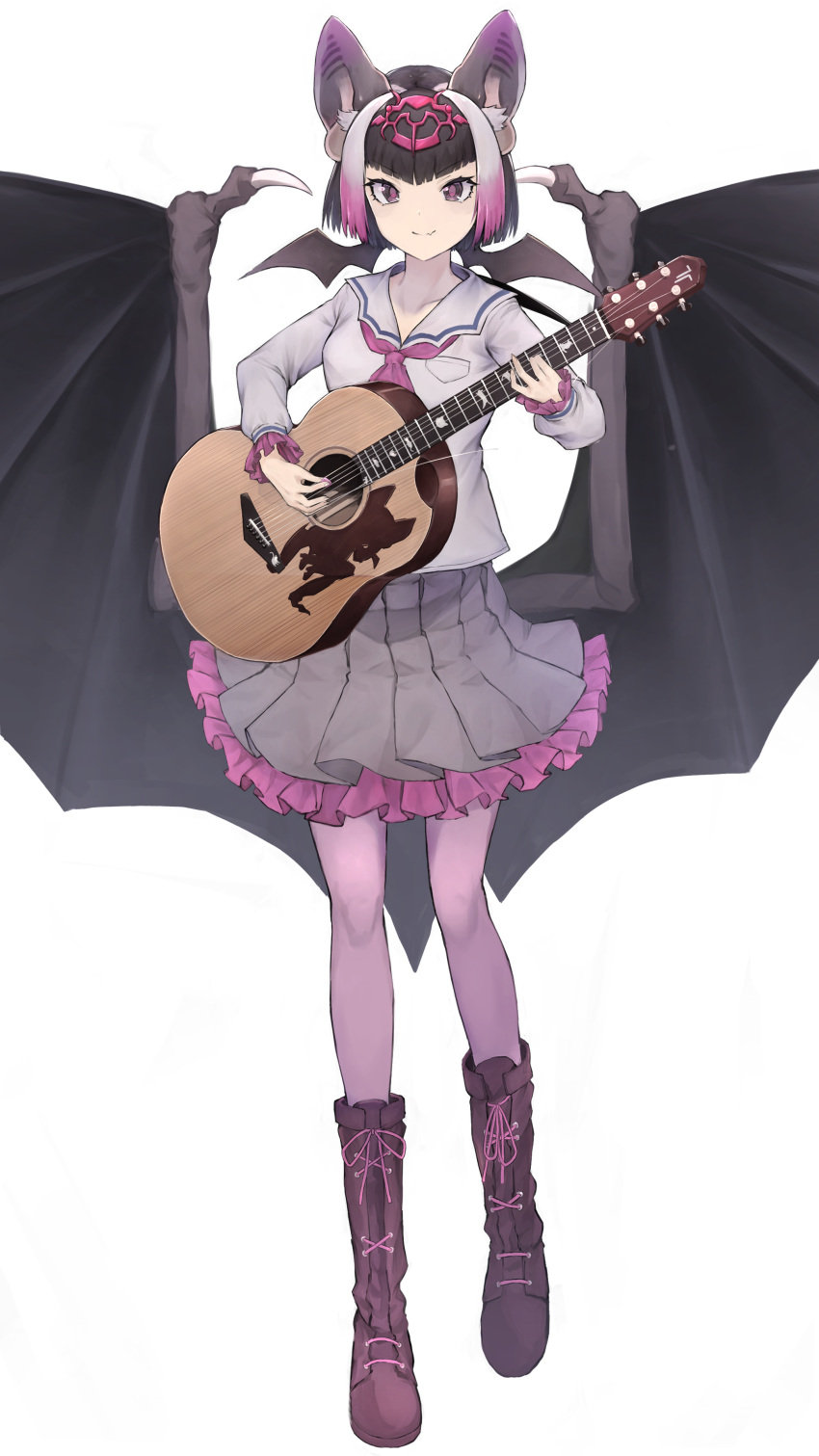 absurdres acoustic_guitar alenka animal_ears bat_ears bat_girl bat_wings black_hair boots commentary common_vampire_bat_(kemono_friends) female frilled_skirt frilled_sleeves frills full_body grey_skirt guitar headdress highres instrument kemono_friends long_sleeves multicolored_clothes multicolored_hair multicolored_skirt neckerchief pantyhose pleated_skirt purple_eyes purple_footwear purple_hair purple_neckerchief purple_pantyhose purple_skirt sailor_collar school_uniform serafuku shirt short_hair simple_background skirt solo white_background white_hair white_shirt wings