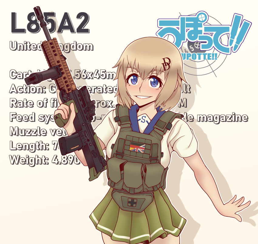 absurdres assault_rifle blonde_hair blue_eyes blush bullpup character_name chest_rig copyright_name cowboy_shot english_text female german_flag gun hair_between_eyes highres l85 l85a1_(upotte!!) medium_hair rifle school_uniform serafuku smile solo union_jack upotte!! weapon willy_pete